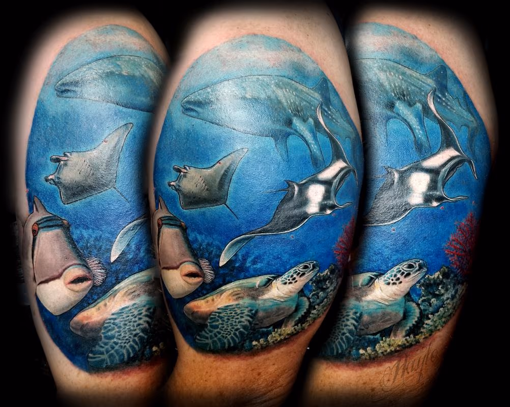 Underwater, seascape with sea life half sleeve