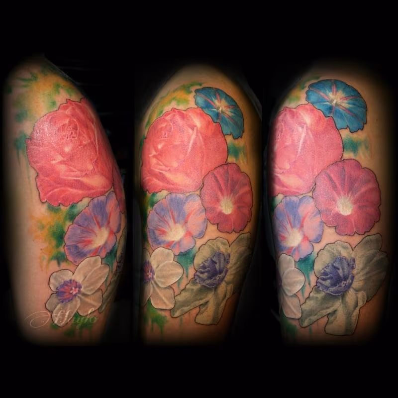 Realism Floral with Roses, morning glory, and jonquil with watercolor accents