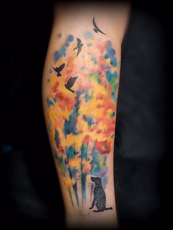 Watercolor Trees with Dog & Birds silhouettes tattoo by Haylo