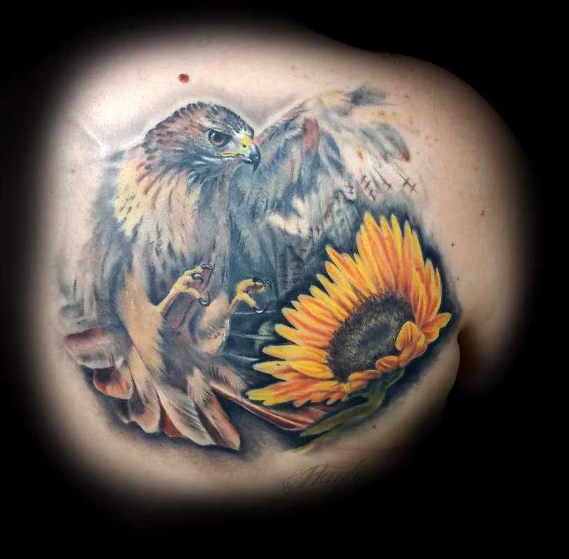Golden Eagle with sunflower Realistic style back piece
