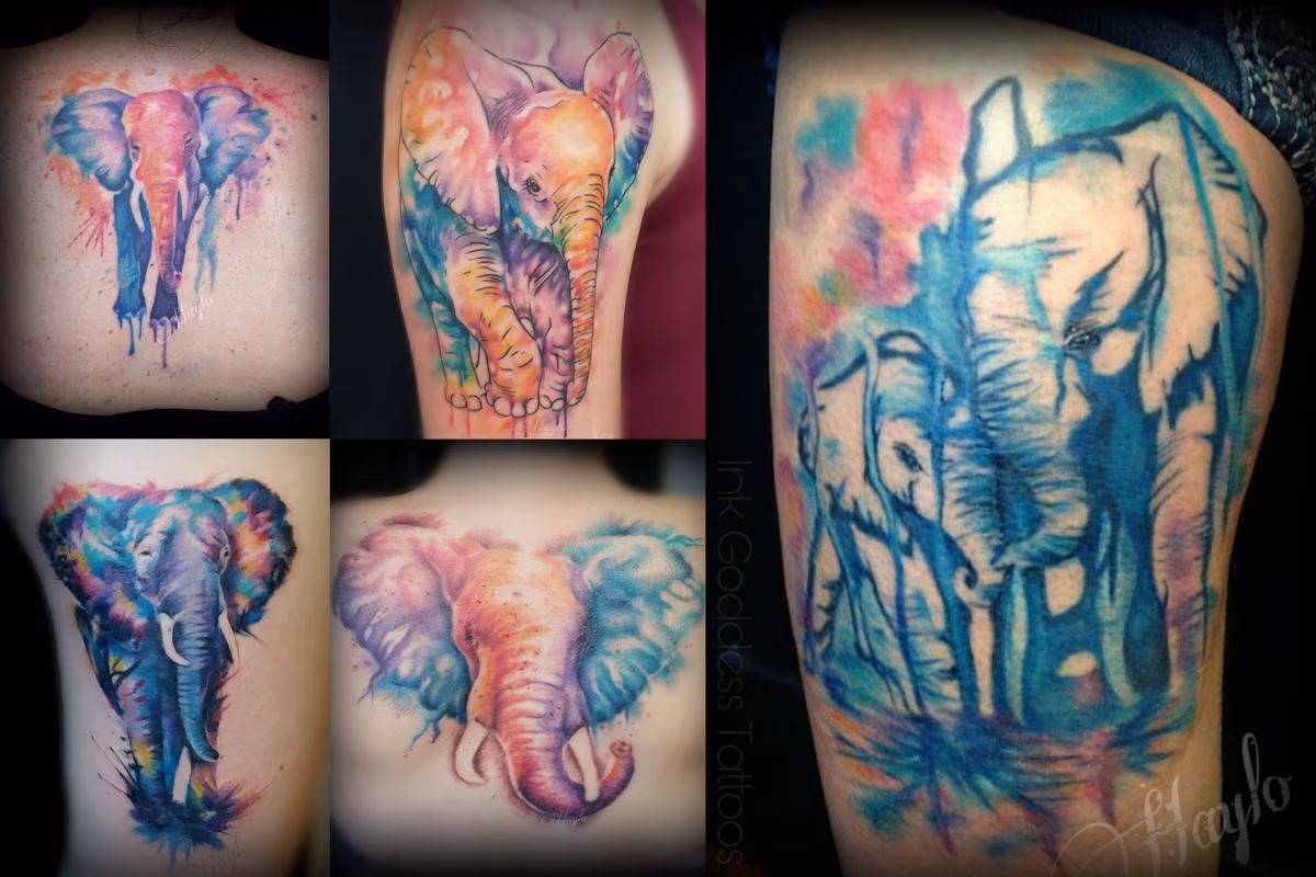 Watercolor style elephant tattoos by Haylo
