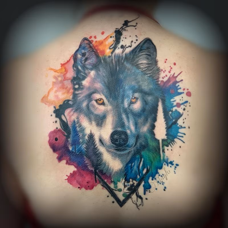 Watercolor & realism integration Wolf back piece