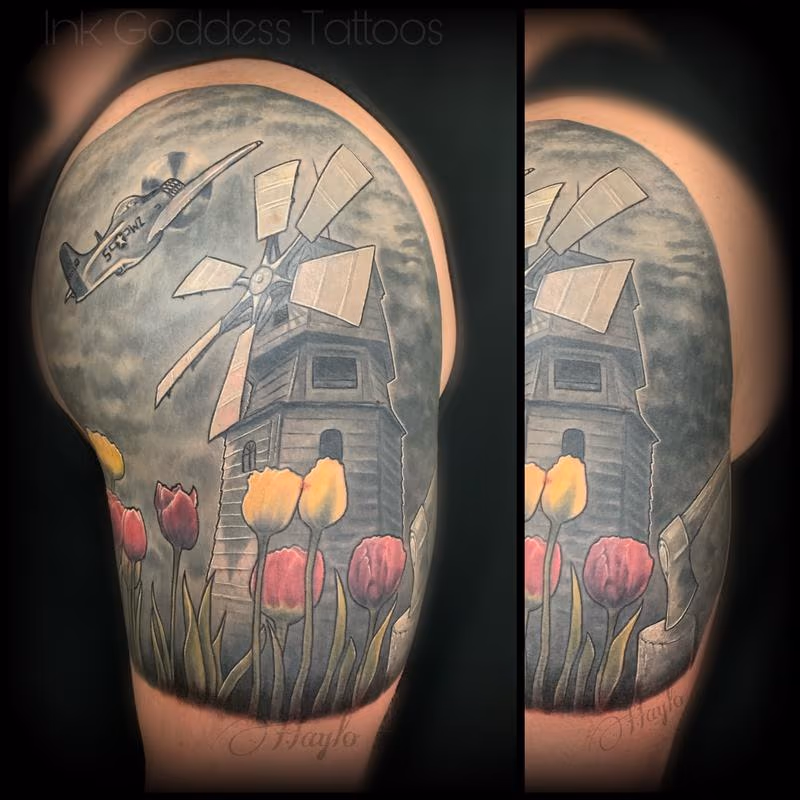 Holland, tulips, war plane, Windmill, custom half sleeve
