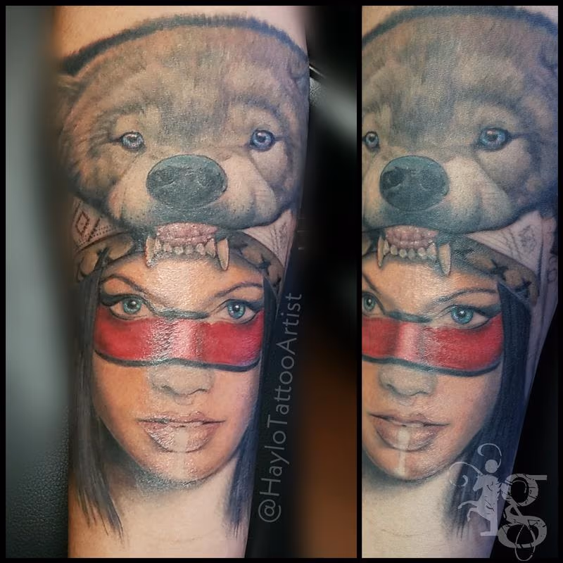 Native woman with wolf headdress by Haylo