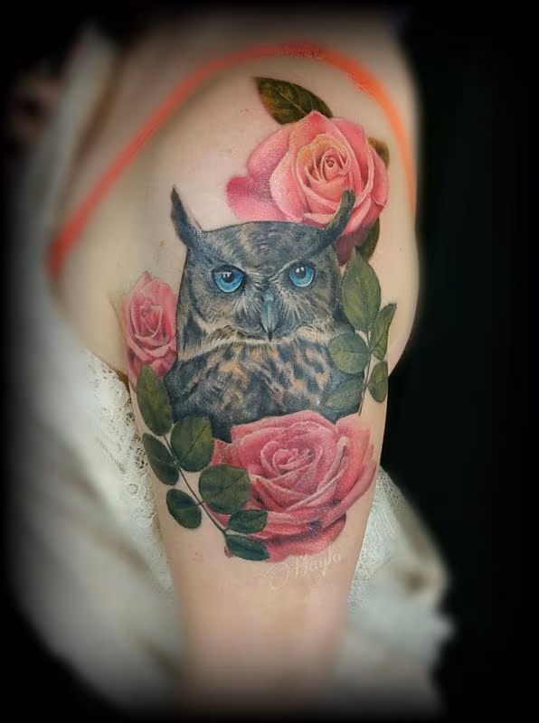 Realistic color owl with roses half sleeve custom piece