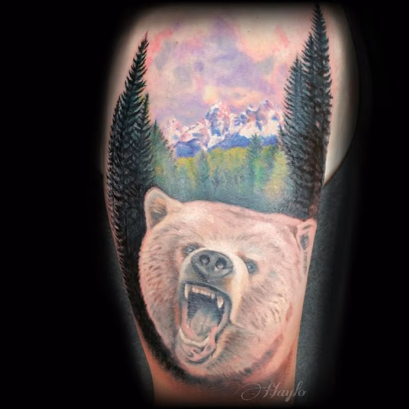 Progression of a Grizzly Bear with the Tetons Mountain range in the background