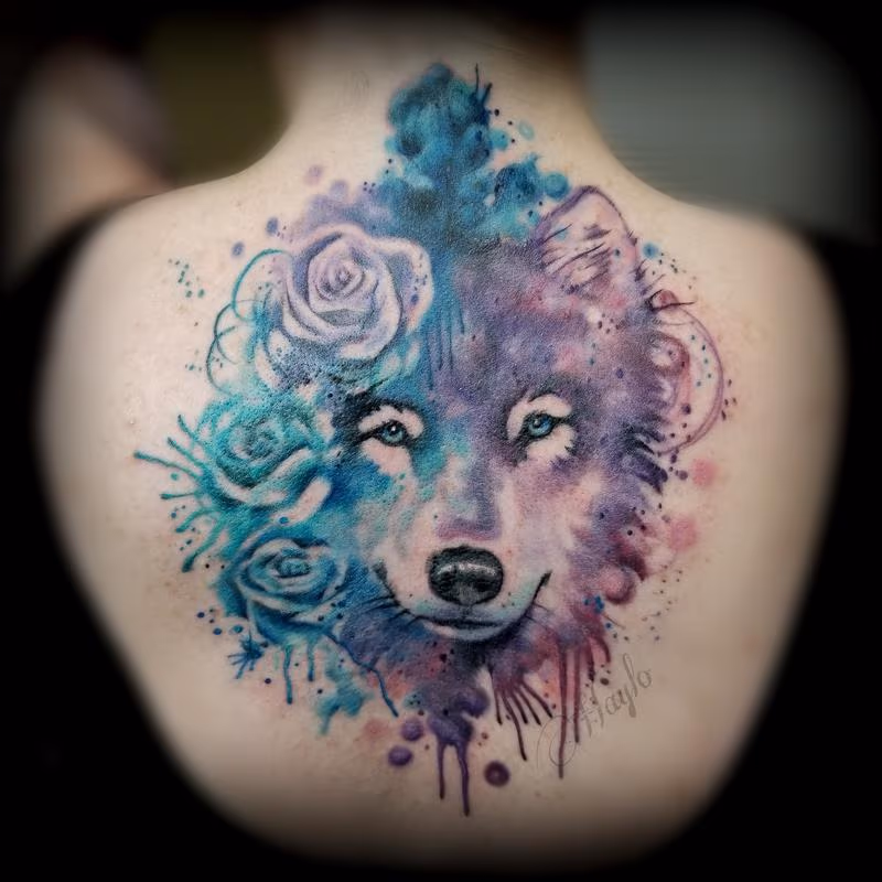 Wolf watercolor style tattoo by Haylo