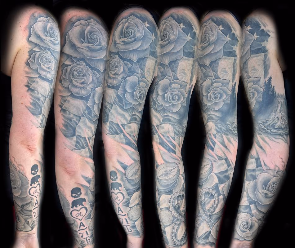 Black and Gray motorcycle, racing, American flag, roses and compass sleeve by Haylo