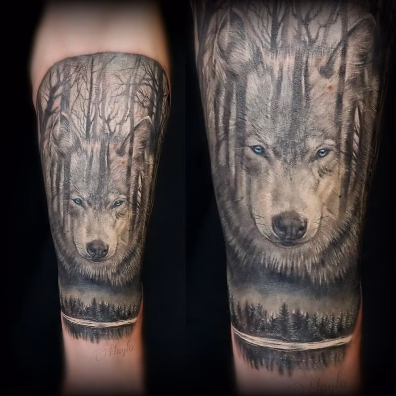 Wolf and Forest integration tattoo by Haylo