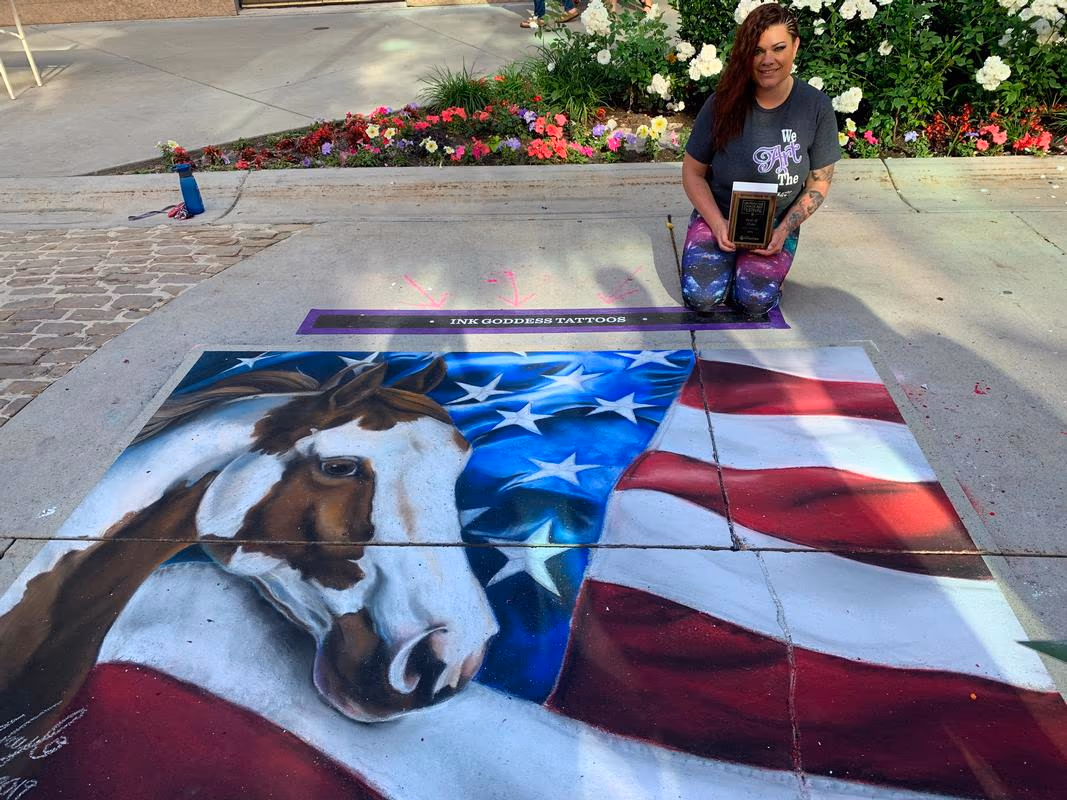 American Paint Horse with American Flag Chalk Art