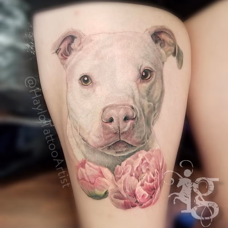 White Pitbull dog portrait tattoo by Haylo
