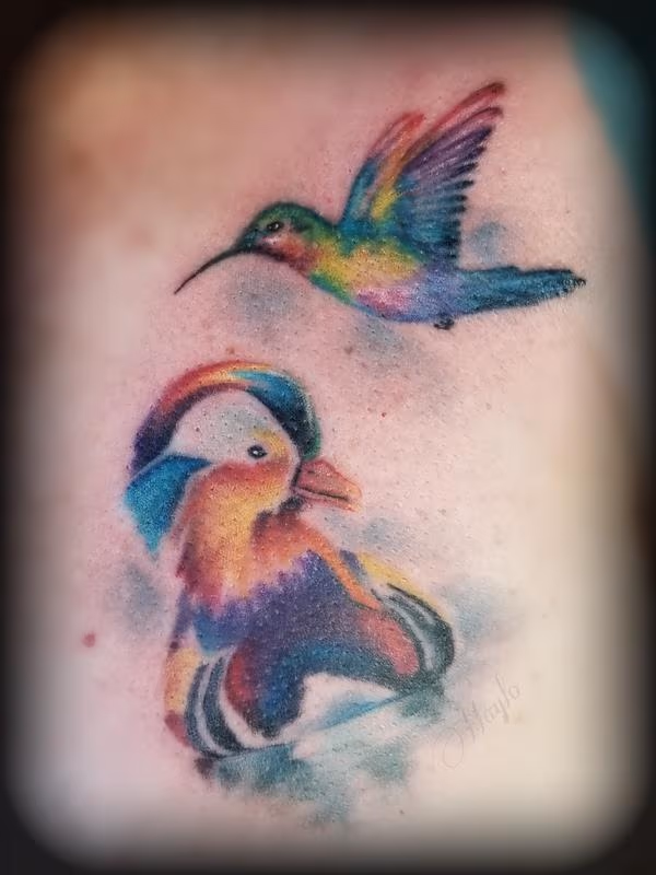 Mandarin duck and hummingbird watercolor tattoo by Haylo