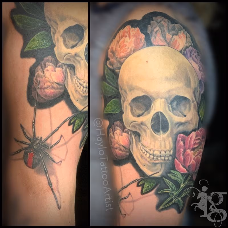 Skull, Peony and Black Widow Spider half sleeve tattoo by Haylo