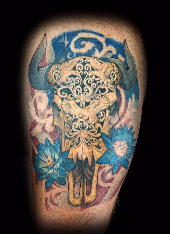Realistic style Carved Bull Skull with Blue lotus accents and American Flag background with negative space Filigree