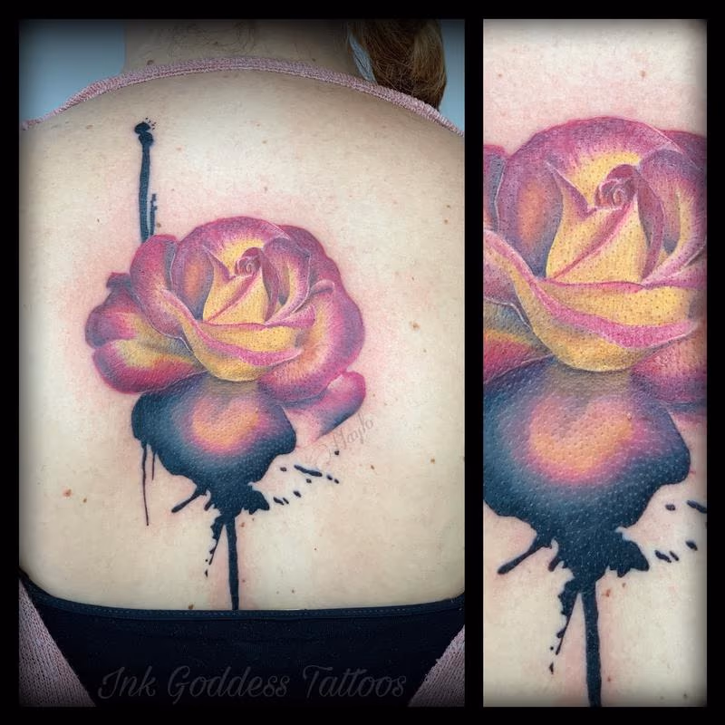 Realistic rose and ink drip tattoo by Haylo