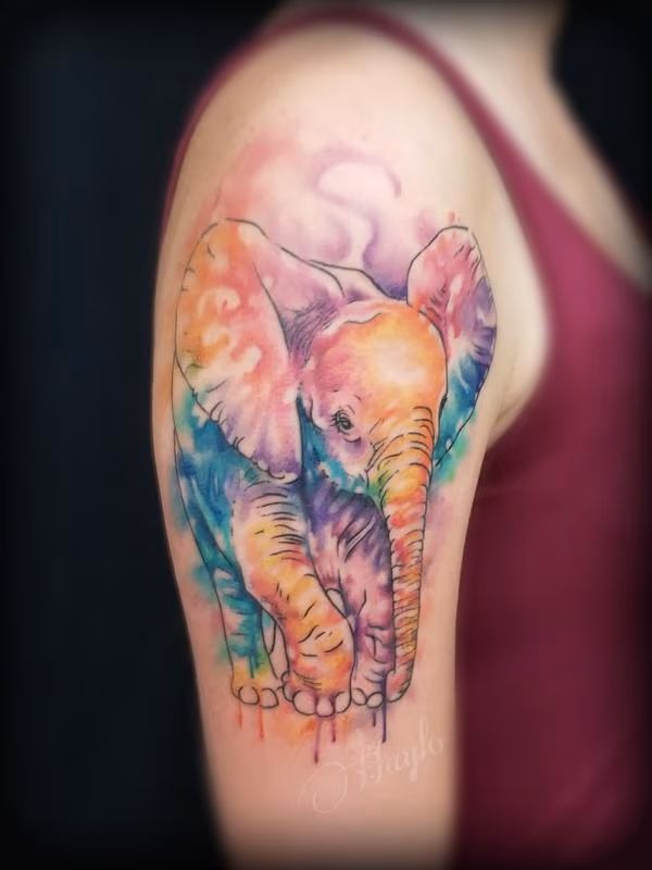 Baby Elephant watercolor freehand tattoo by Haylo