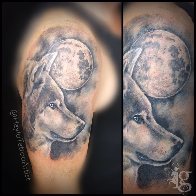 Wolf and Full moon black and gray cover up half sleeve tattoo by Haylo