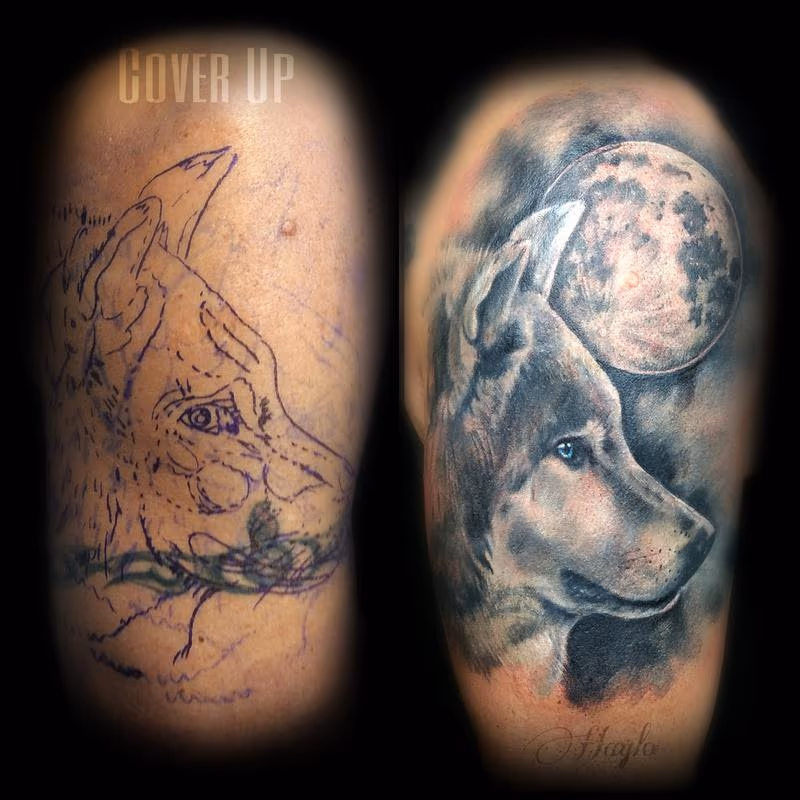Wolf and moon cover up tattoo