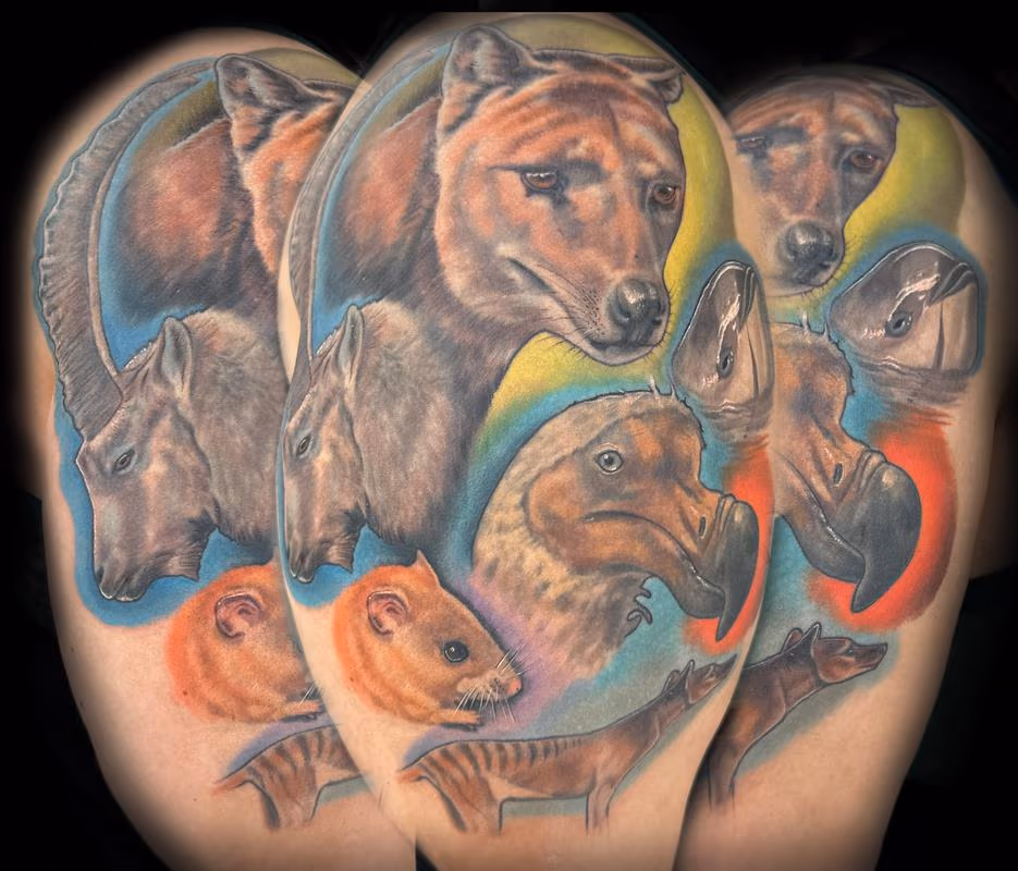 A half sleeve of extinct and Lazarus taxon animals by Haylo