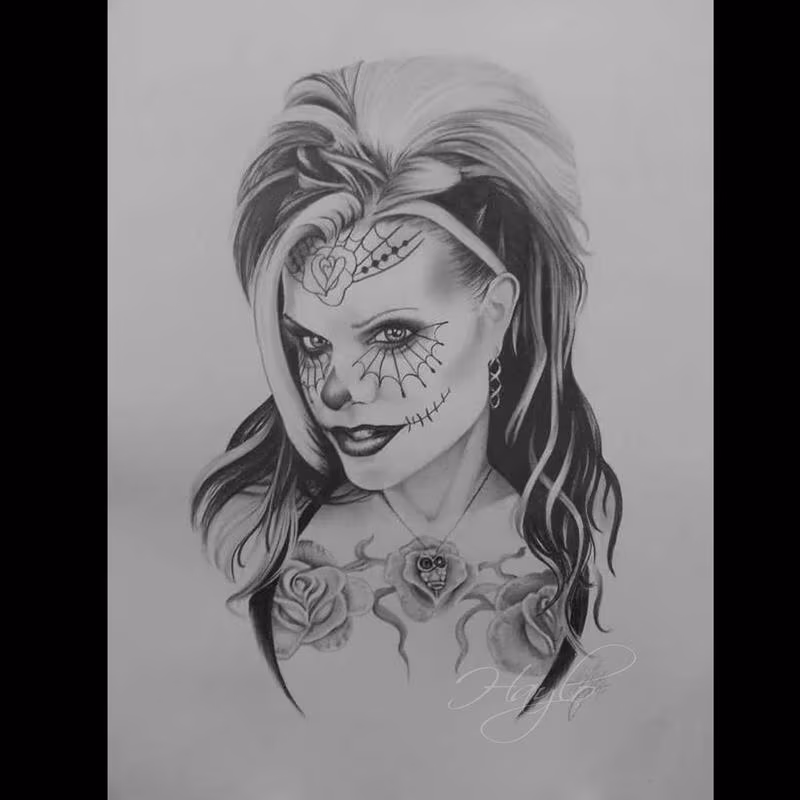 Seld Portrait of Tattoo Artist Haylo in pencil graphite as a "day of the dead" representation