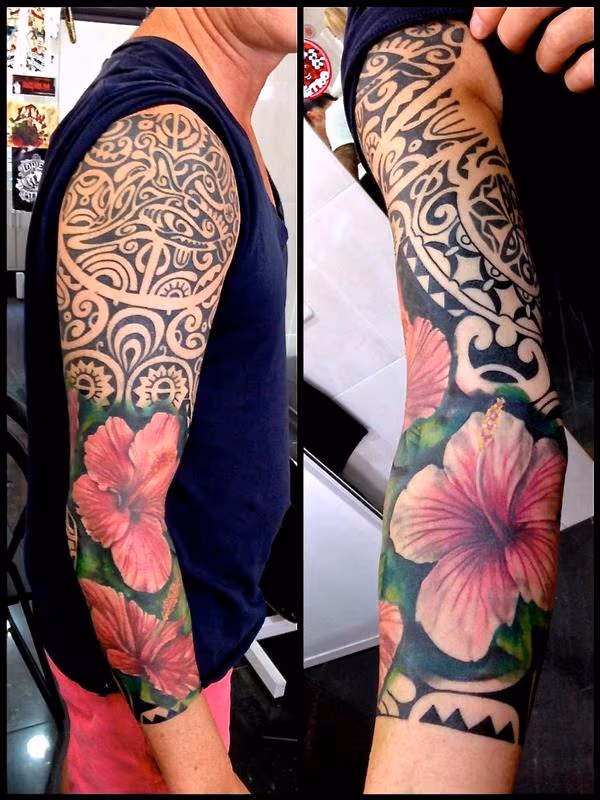 Realistic hibiscus flowers, Hawaiian inspired sleeve.