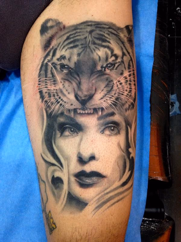 Tiger and Girl realistic black and grey leg tattoo HEALED