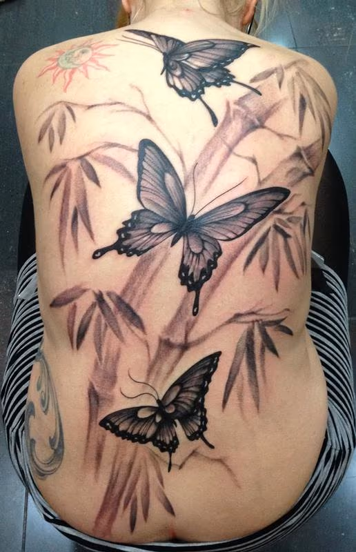 Oriental butterflies and bamboo black and gray back piece
