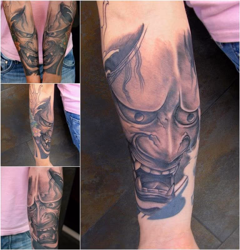 Double Hannya mask, 2 japanese sleeves in black and grey.