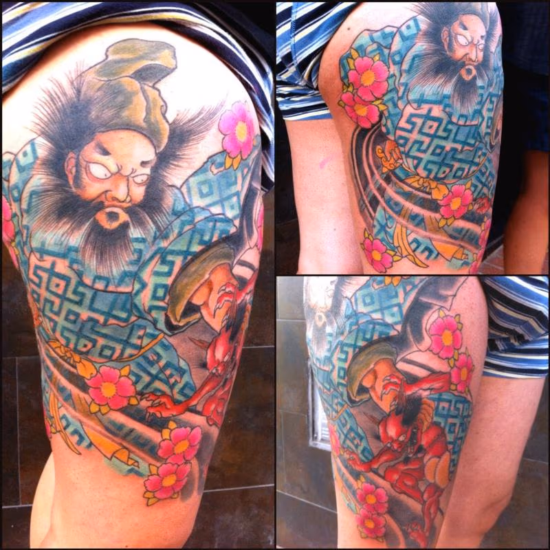 Shoki Japanese lithography leg tattoo in color