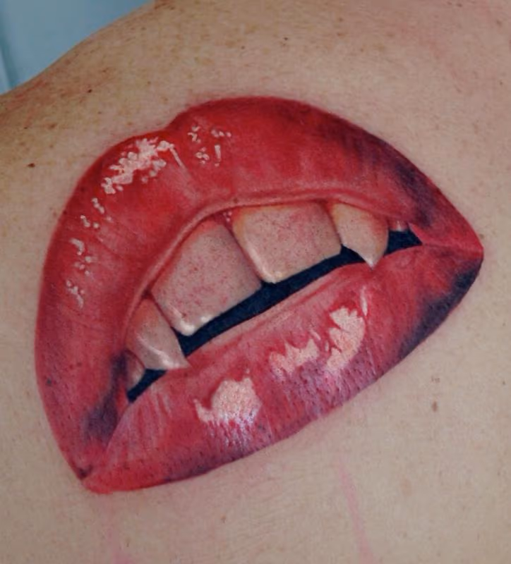 Vampire lips realistic color tattoo