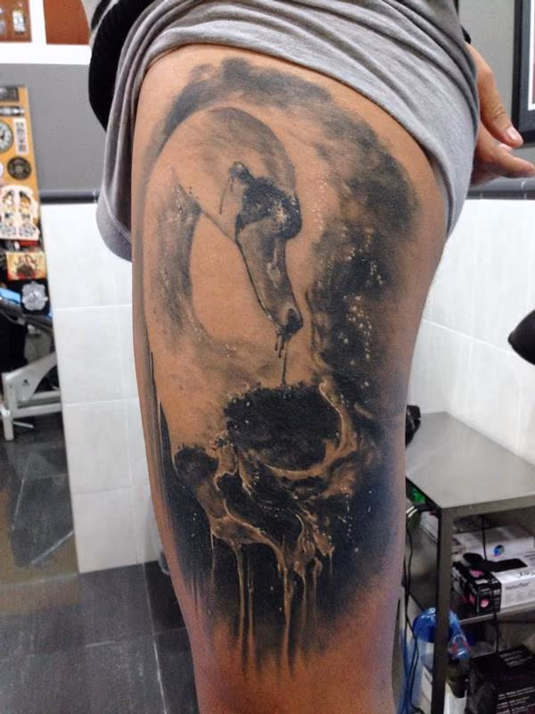Realistic composition of a swan and skull tattoo on leg