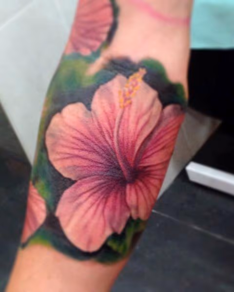 Close up of realistic Hibiscus flower, part of an Hawaiian inspired sleeve