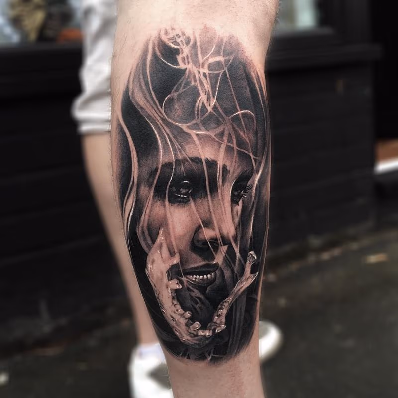 Smoke, Jaw, Woman Forearm Tattoo