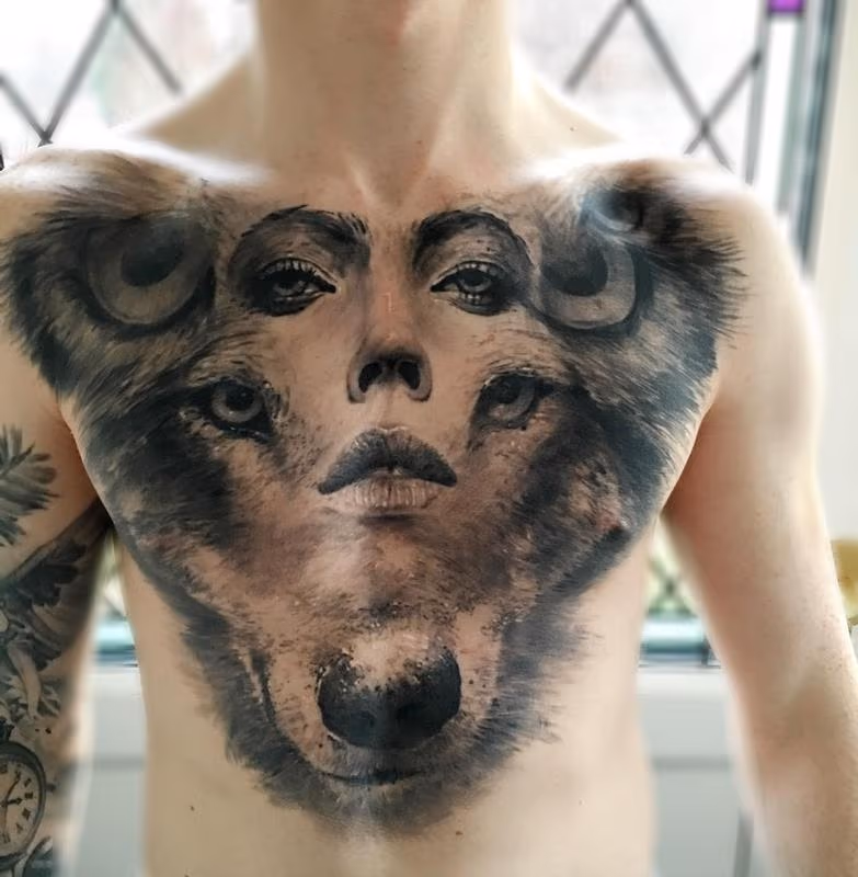 Owl, Woman, Wolf Composite Chest Tattoo