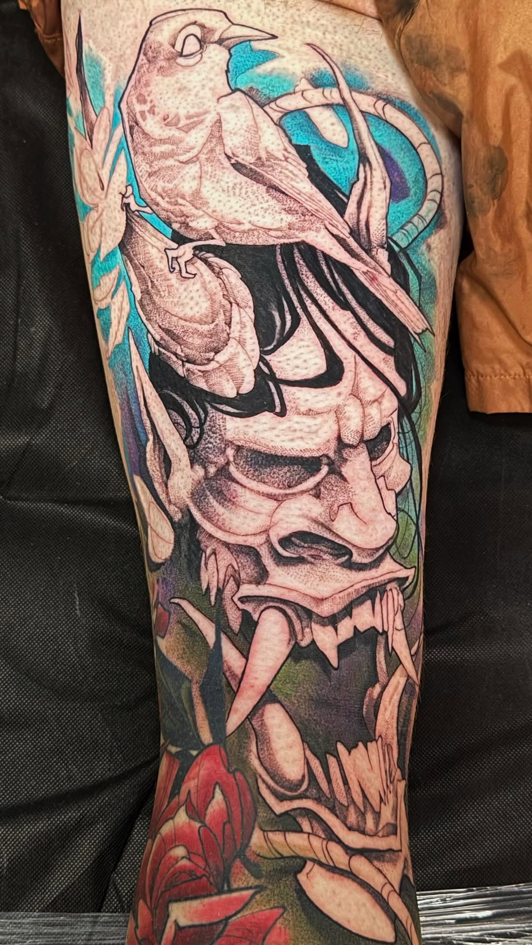 Neo-traditional hannya mask & raven leg sleeve