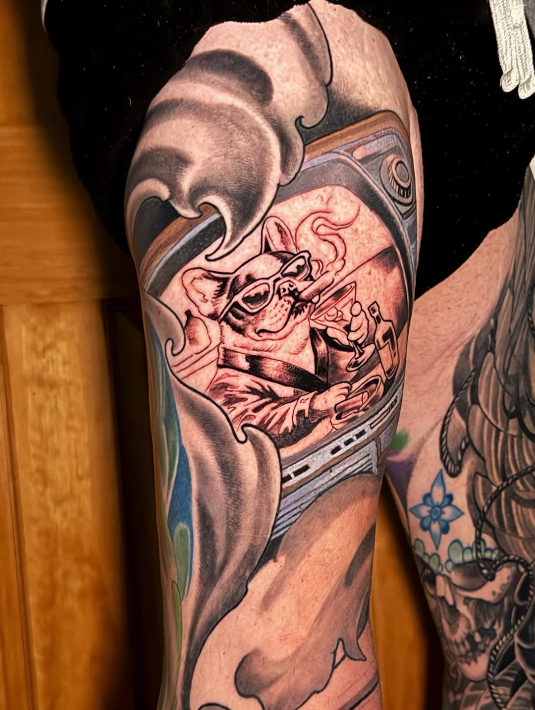Frenchie on retro TV tattoo, arm sleeve