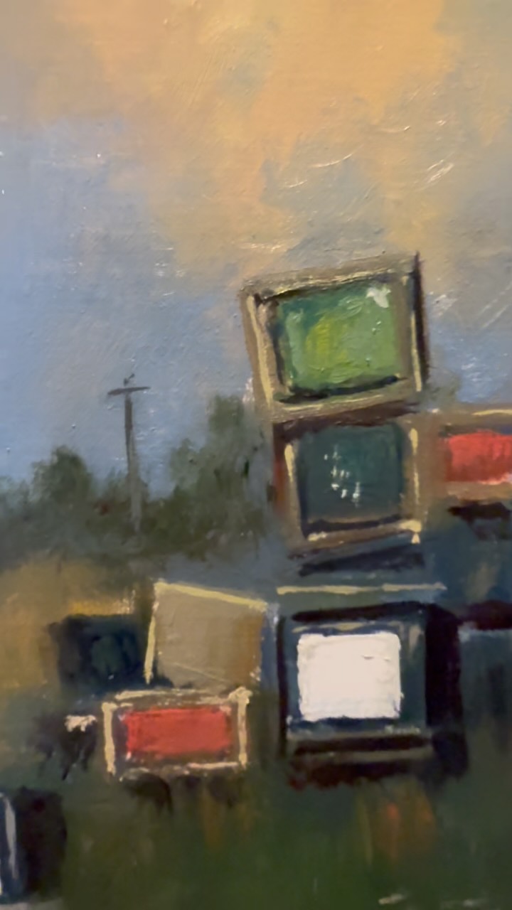 Oil study: stacked TVs in rural landscape