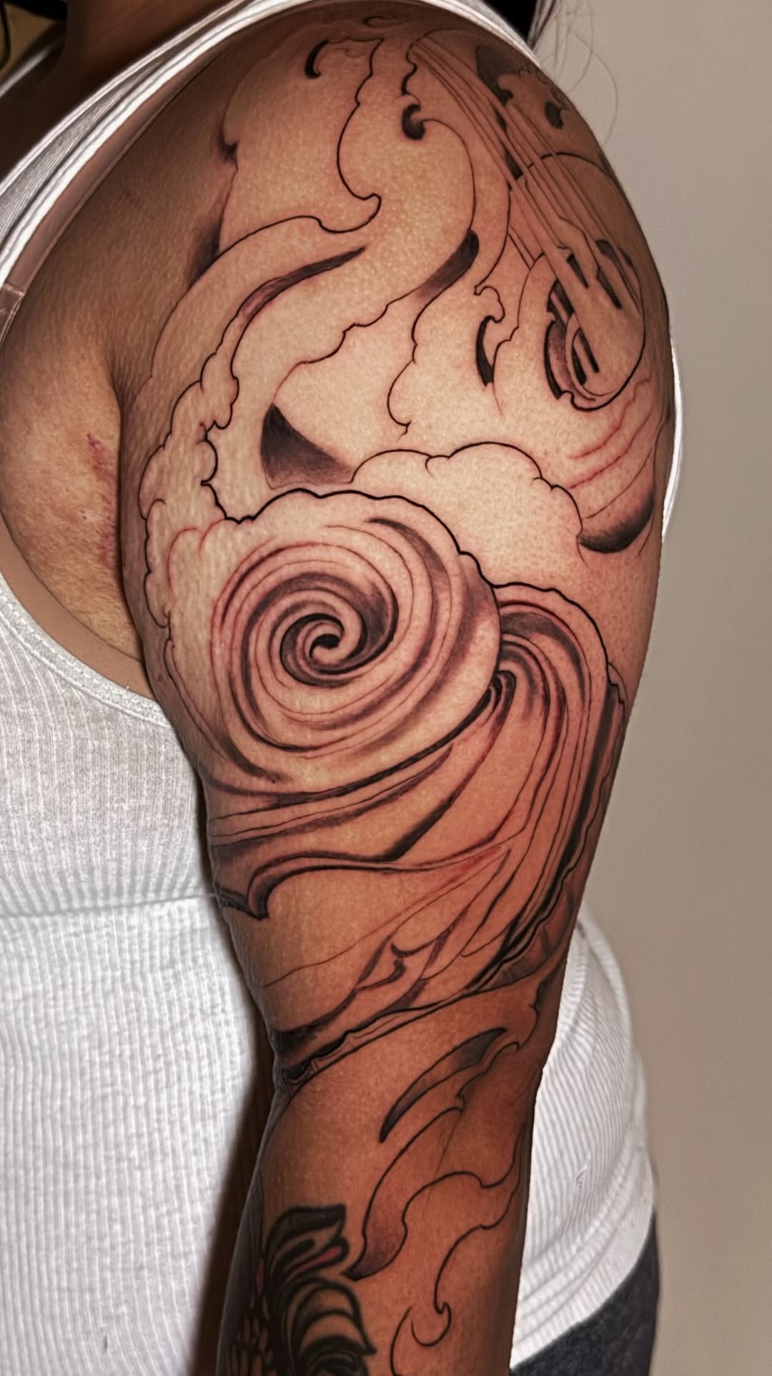 Japanese waves and clouds half sleeve in progress