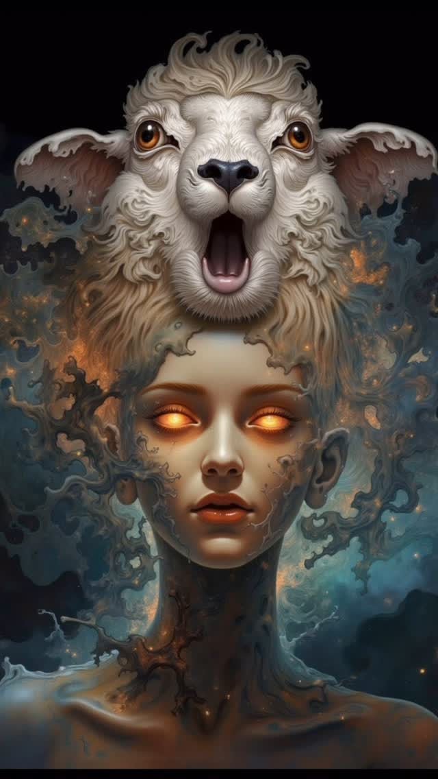 Surreal woman with sheep headdress, AI art