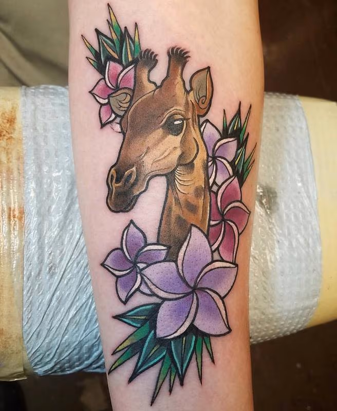 Giraffe and flowers