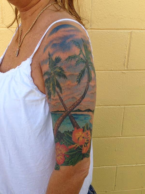 Sunset on the Beach Color Tattoo