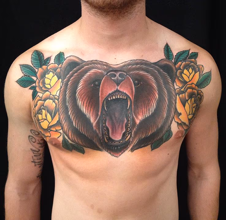 Bear and Roses Chest Tattoo