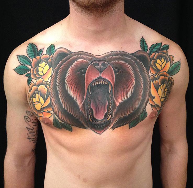 Bear and Roses Chest Tattoo