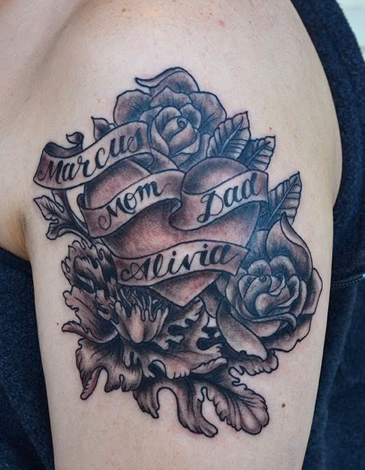 Garys Heart with flowers tattoo