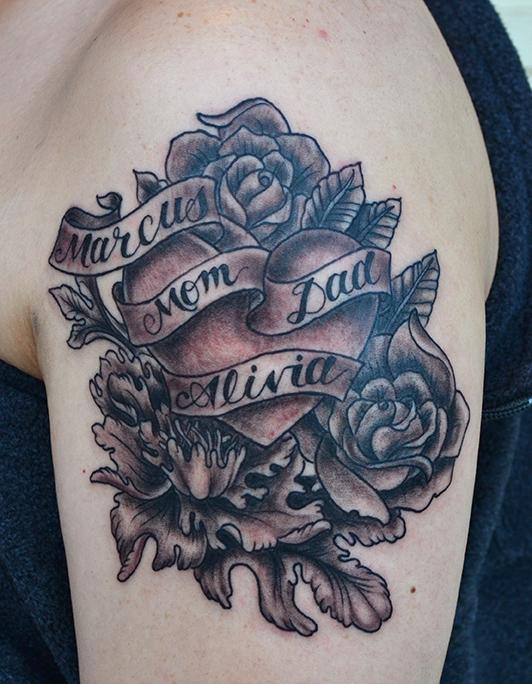 Garys Heart with flowers tattoo