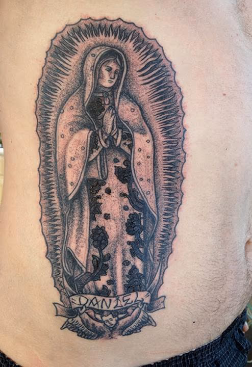 Black dot work Lady of Guadalupe Tattoo