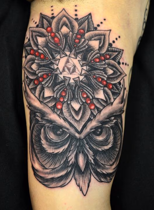 Black and Grey Owl Mandala Tattoo