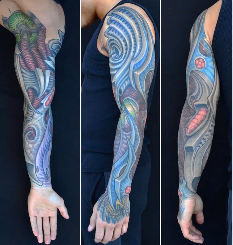 Blue Biomech Sleeve Tattoo