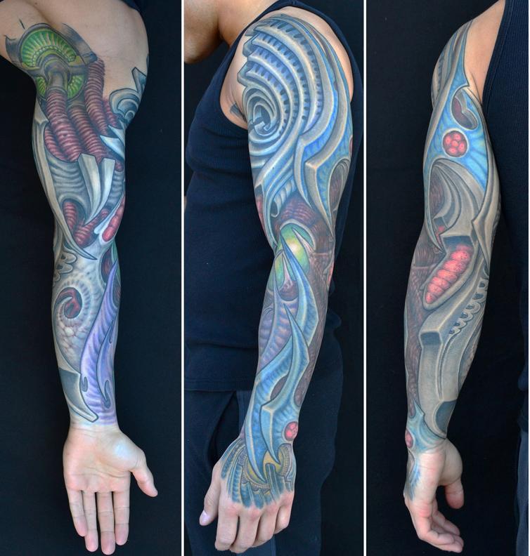 Blue Biomech Sleeve Tattoo