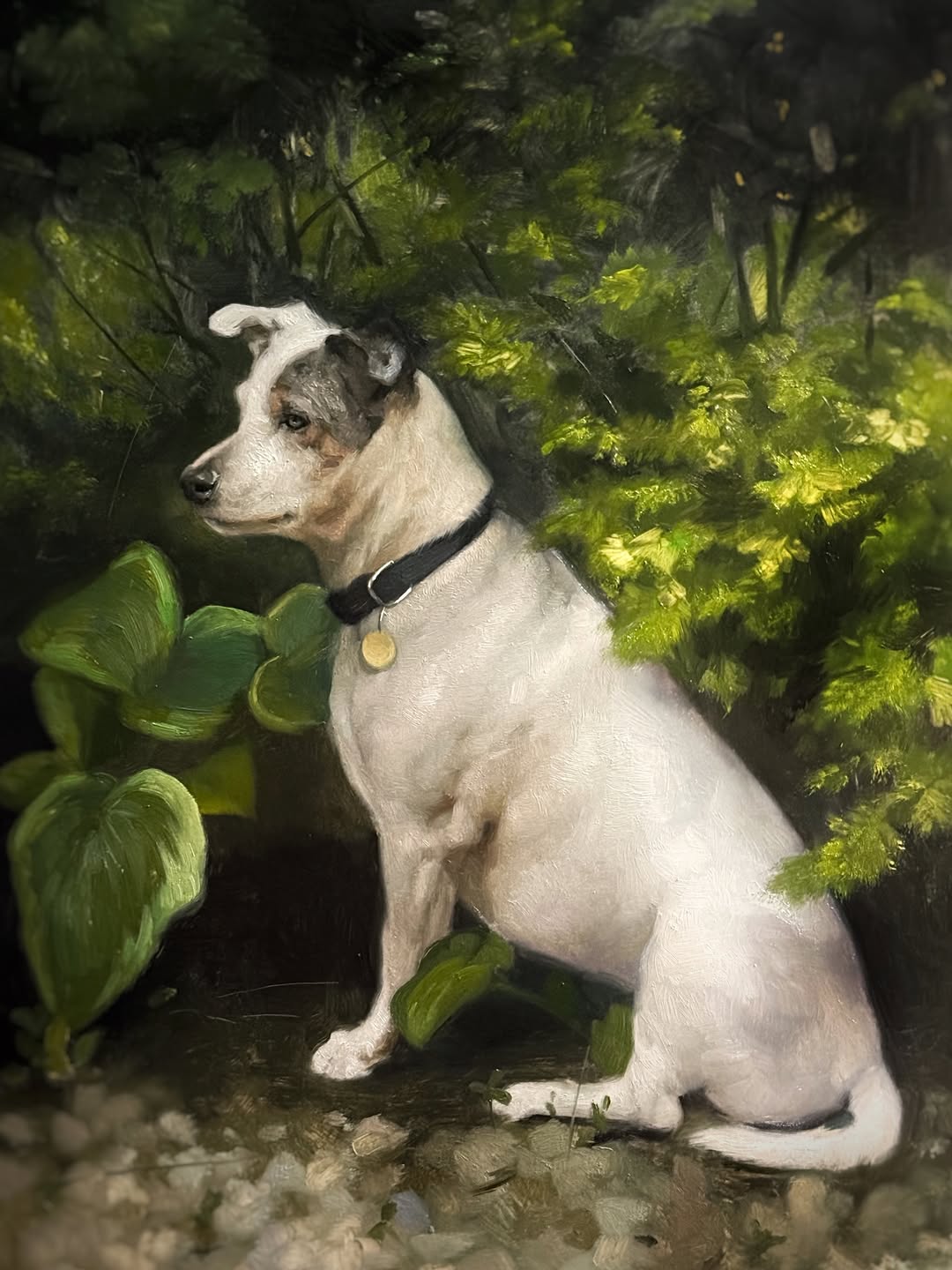 White dog portrait with garden foliage, oil painting
